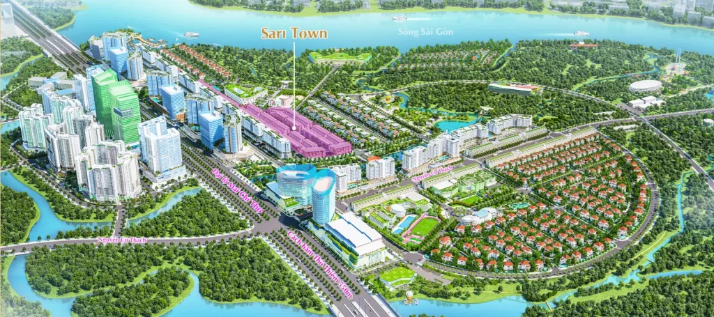 Quy hoạch chi tiết nhà phố sala tại phân khu Sari Town, nằm dọc trục đường Nguyễn Cơ Thạch và Mai Chí Thọ.