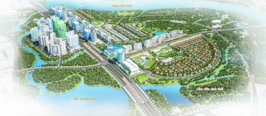 Bản đồ Sala Thủ Thiêm 2026: chọn đúng “khẩu vị” tài sản 1 Toàn cảnh quy hoạch nhà phố sala thủ thiêm với hồ trung tâm, lâm viên sinh thái và kết nối sông Sài Gòn.