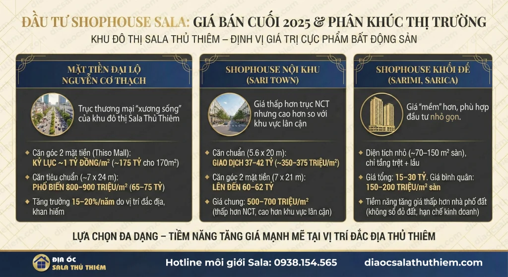 Infographic so sánh giá bán ba dòng sản phẩm shophouse Sala Thủ Thiêm năm 2025: Nguyễn Cơ Thạch, Sari Town và khối đế, do Địa Ốc Sala Thủ Thiêm thực hiện.