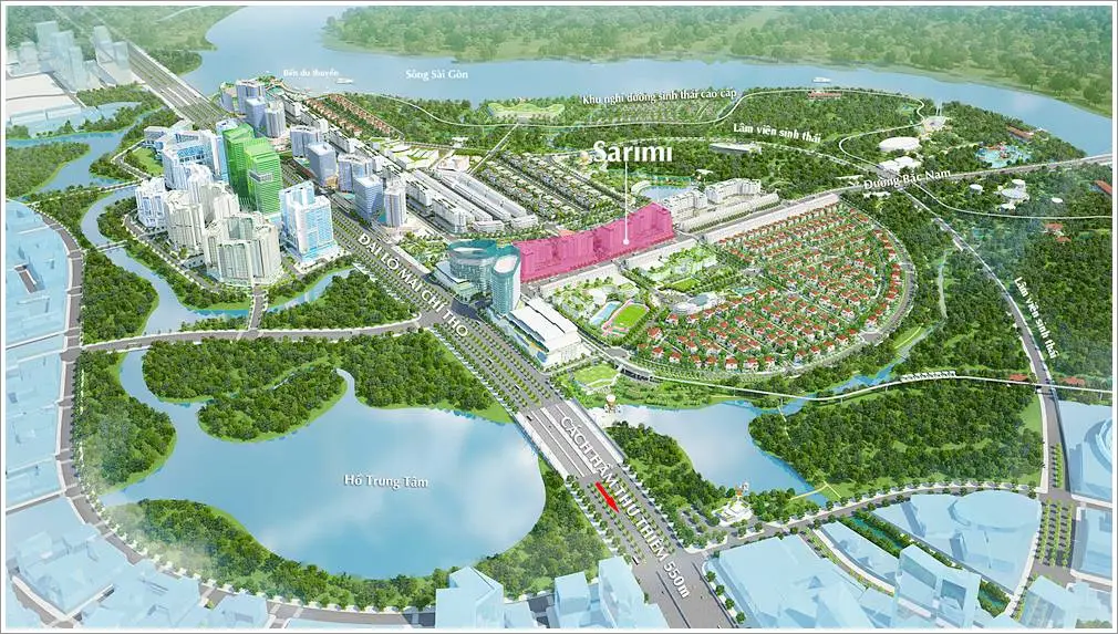 Sơ đồ 3D Khu đô thị Sala, đánh dấu vị trí khu Shophouse Sarimi khối đế và căn hộ Sarimi, nằm gần Đại lộ Mai Chí Thọ.