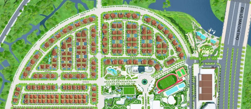 Sơ đồ quy hoạch khu biệt thự Saroma Villa tại Sala Thủ Thiêm, phân khu biệt lập, kết nối đường Mai Chí Thọ và hệ sinh thái ven sông. Từ sơ đồ này có thể thấy số lượng biệt thự Sala Thủ Thiêm.