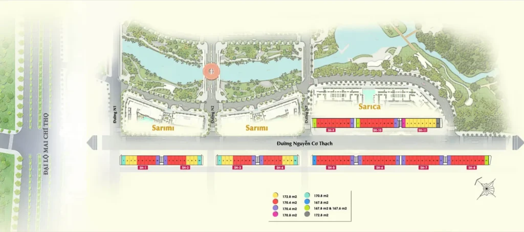 Mặt bằng thiết kế nhà phố đẹp tại Sala, phân khu Sarimi và Sarica, dọc theo trục đường Nguyễn Cơ Thạch.