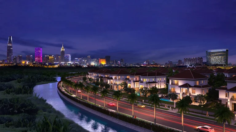 Khu đô thị Sala Thủ Thiêm về đêm với dãy biệt thự Saroma ven sông rực sáng, hướng tầm nhìn ra trung tâm thành phố Hồ Chí Minh