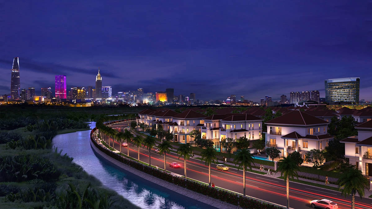 Khu đô thị Sala Thủ Thiêm về đêm với dãy biệt thự Saroma ven sông rực sáng, hướng tầm nhìn ra trung tâm thành phố Hồ Chí Minh