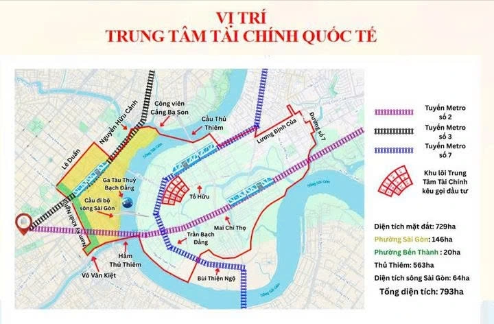 Bản đồ quy hoạch Trung tâm tài chính quốc tế TP.HCM (IFC) kết nối trực tiếp vùng lõi Quận 1 và Khu đô thị mới Thủ Thiêm.