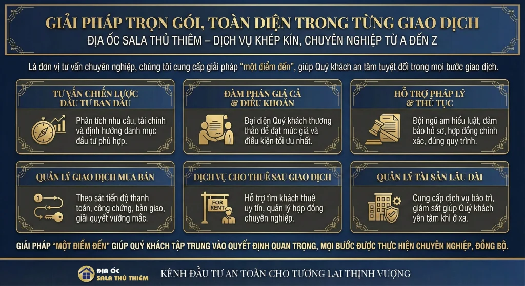 Giải pháp trọn gói của Địa Ốc Sala Thủ Thiêm trong giao dịch bất động sản – tư vấn, đàm phán, pháp lý, quản lý giao dịch, cho thuê và quản lý tài sản.