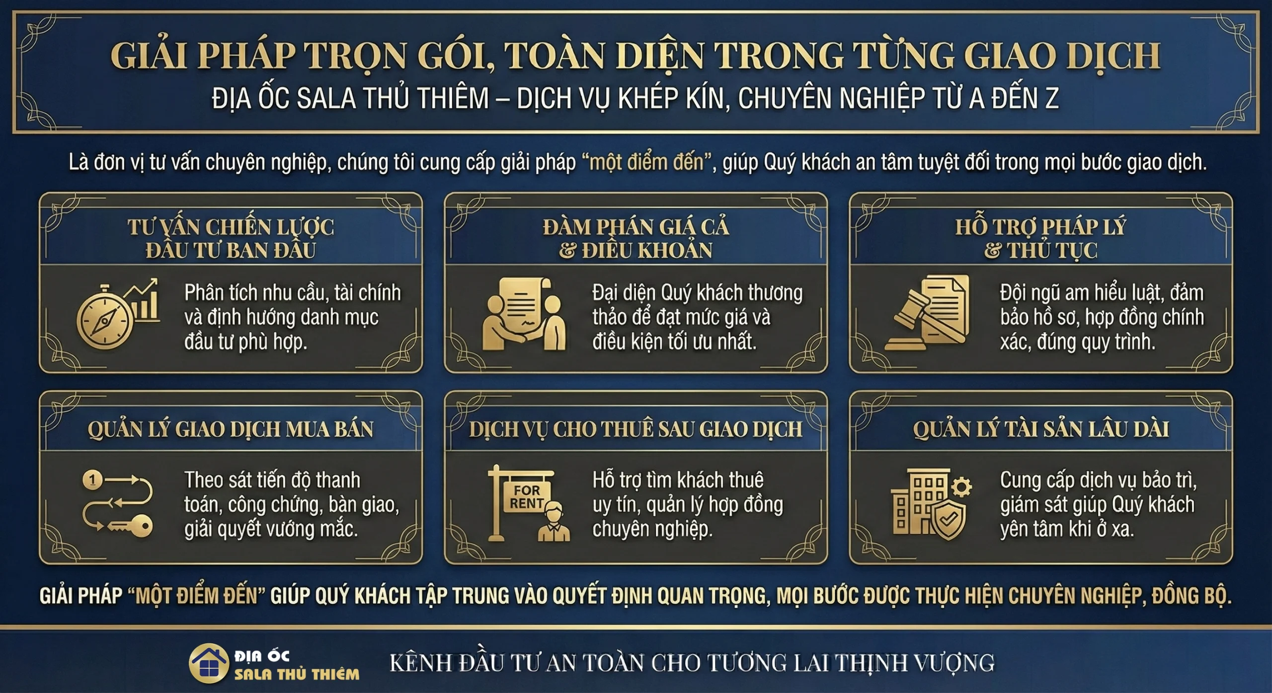 Giải pháp trọn gói của Địa Ốc Sala Thủ Thiêm trong giao dịch bất động sản – tư vấn, đàm phán, pháp lý, quản lý giao dịch, cho thuê và quản lý tài sản.