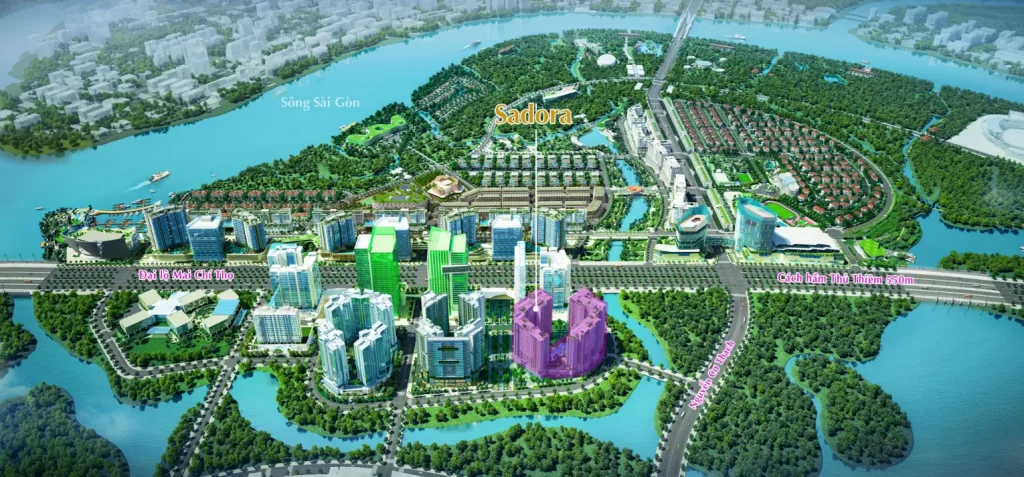 Vị trí dự án Sadora Sala Thủ Thiêm nổi bật giữa trung tâm khu đô thị Sala, kết nối Quận 1 và Bình Thạnh.
