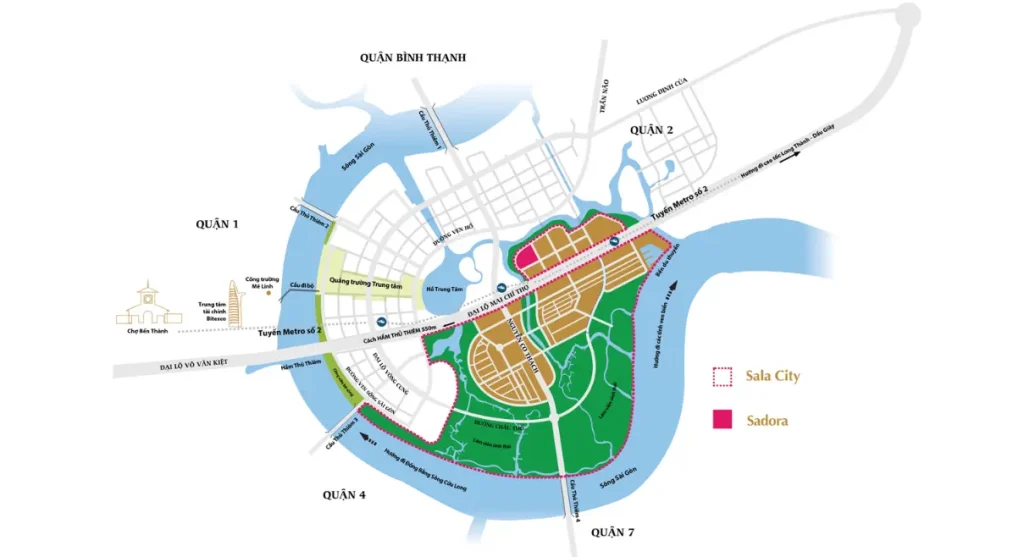 Bản đồ vị trí Sadora Sala trong khu đô thị Thủ Thiêm, kết nối các quận trung tâm như Quận 1, Bình Thạnh, Quận 4, Quận 7.