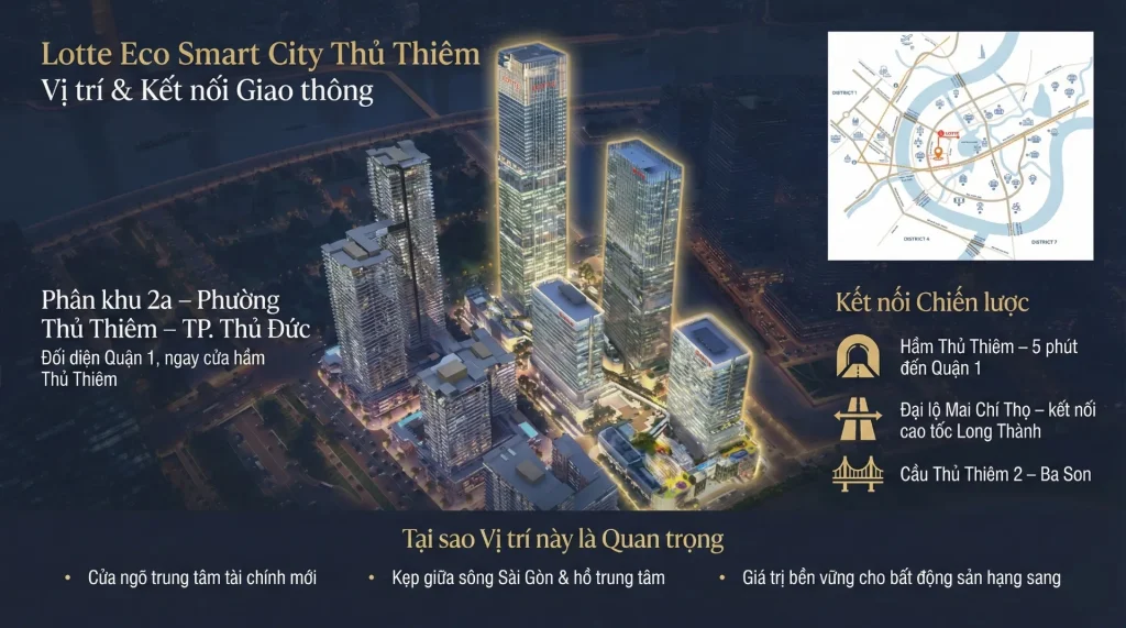 Vị trí Lotte Eco Smart City Thủ Thiêm tại phân khu 2a, đối diện Quận 1 và kết nối trực tiếp hầm Thủ Thiêm