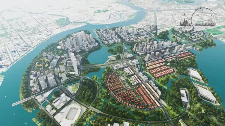 Phối cảnh tổng thể các phân khu Thủ Thiêm nhìn từ trên cao với hồ trung tâm và khu Sala các để thêm vào Cẩm nang sống
