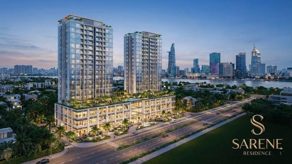 Hình ảnh phối cảnh 3D tổng thể dự án căn hộ cao cấp Sarene Residence vào lúc hoàng hôn, bao gồm hai tòa tháp hiện đại, khối đế thương mại sầm uất và tầm nhìn bao quát hướng về trung tâm thành phố bên kia sông.