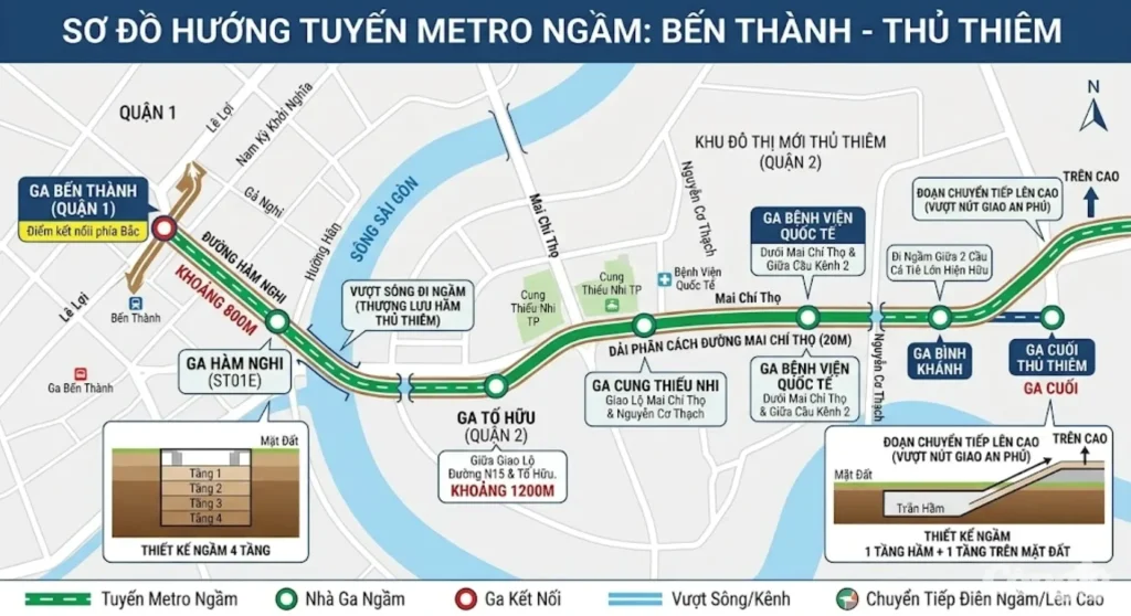 Sơ đồ hướng tuyến và vị trí chi tiết của hệ thống trạm Metro ngầm dọc theo dải phân cách đại lộ Mai Chí Thọ.