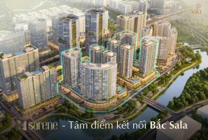 Hình ảnh nhìn từ trên cao bao quát khu đô thị hiện đại, trong đó cụm tòa nhà của dự án Sarene Residence được Đại Quang Minh tăng vốn đầu tư để làm nổi bật bằng đường viền màu xanh ngọc , thể hiện vị trí tâm điểm kết nối tại khu vực Bắc Sala với cảnh quan sông nước bao quanh.