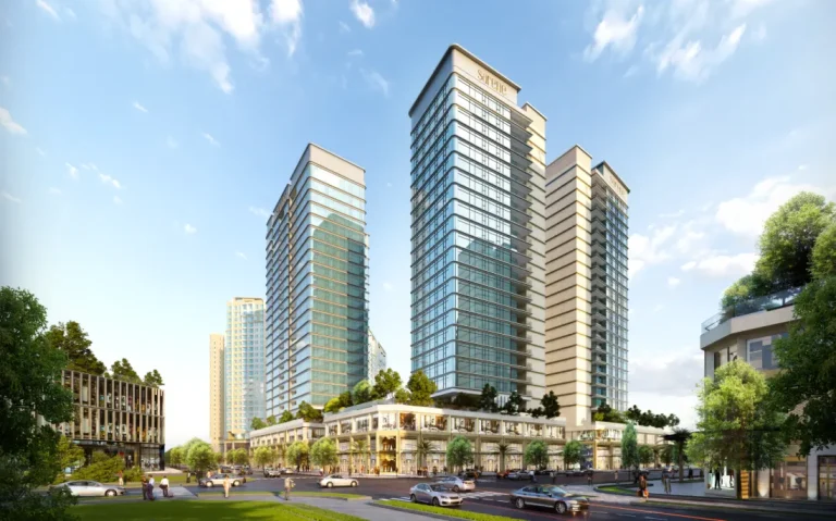 Phối cảnh kiến trúc tổng thể 4 tòa tháp cao 25 tầng và không gian khối đế của dự án Sarene Residence.
