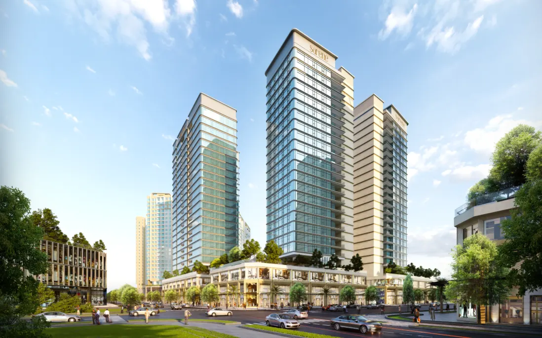 Phối cảnh kiến trúc tổng thể 4 tòa tháp cao 25 tầng và không gian khối đế của dự án Sarene Residence.