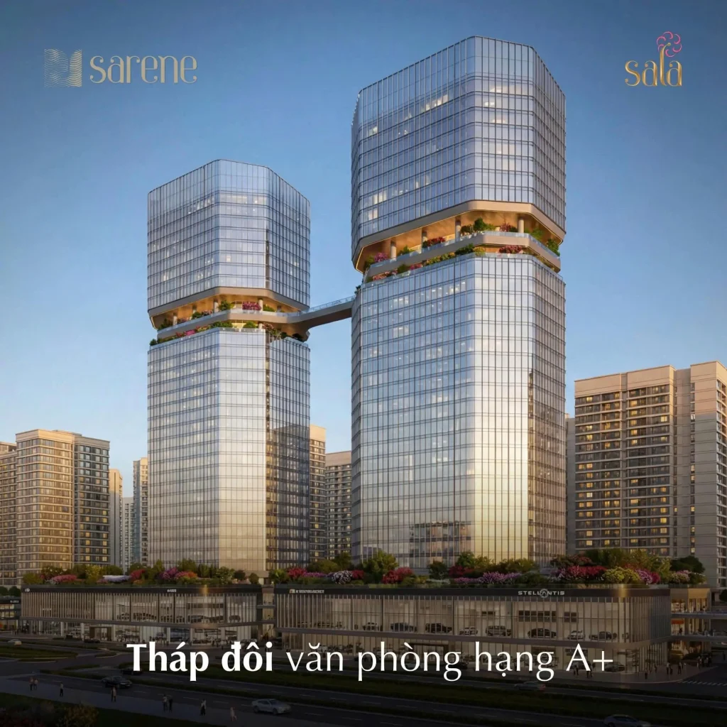 Kiến trúc biểu tượng của tháp đôi văn phòng hạng A+ có cầu nối kính trên không, thuộc tổ hợp siêu dự án căn hộ Sarene Sala Thủ Thiêm.
