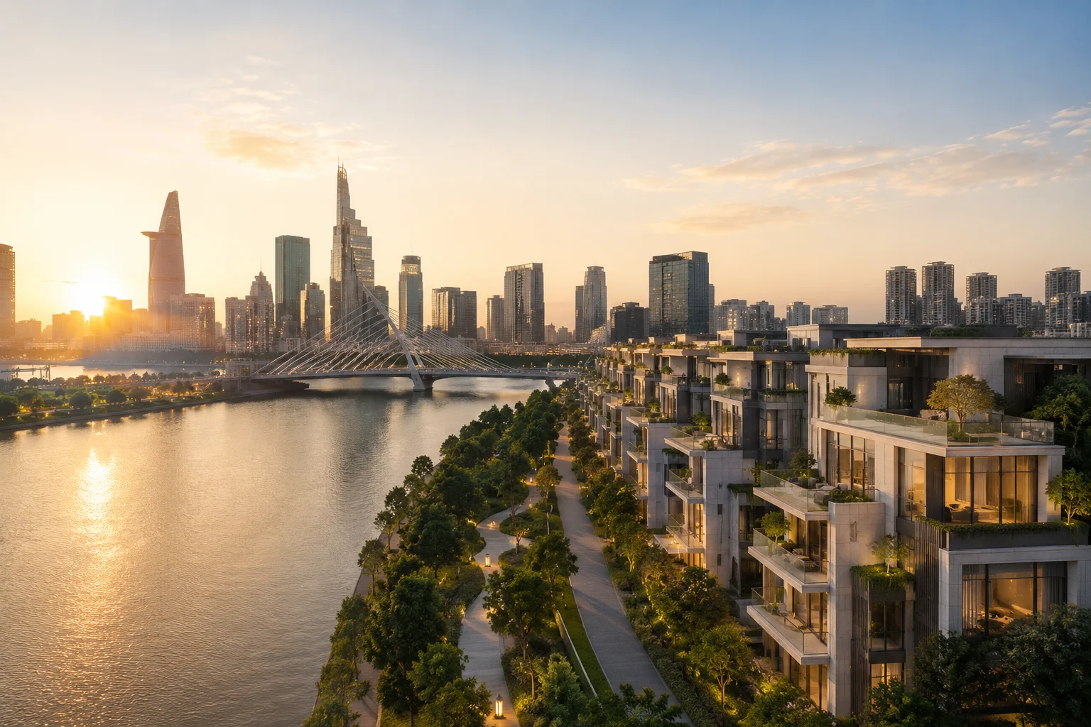 Toàn cảnh các căn hộ cao cấp ven sông ngập tràn ánh hoàng hôn tại khu đô thị Sala Thủ Thiêm, minh chứng cho cảnh quan độc bản giúp thúc đẩy biên độ giá Sala tăng trưởng mạnh mẽ.