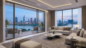 Hình ảnh phòng khách sang trọng tại căn hộ Sarene Residence với tầm nhìn panorama toàn cảnh sông Sài Gòn và trung tâm Quận 1 về đêm.