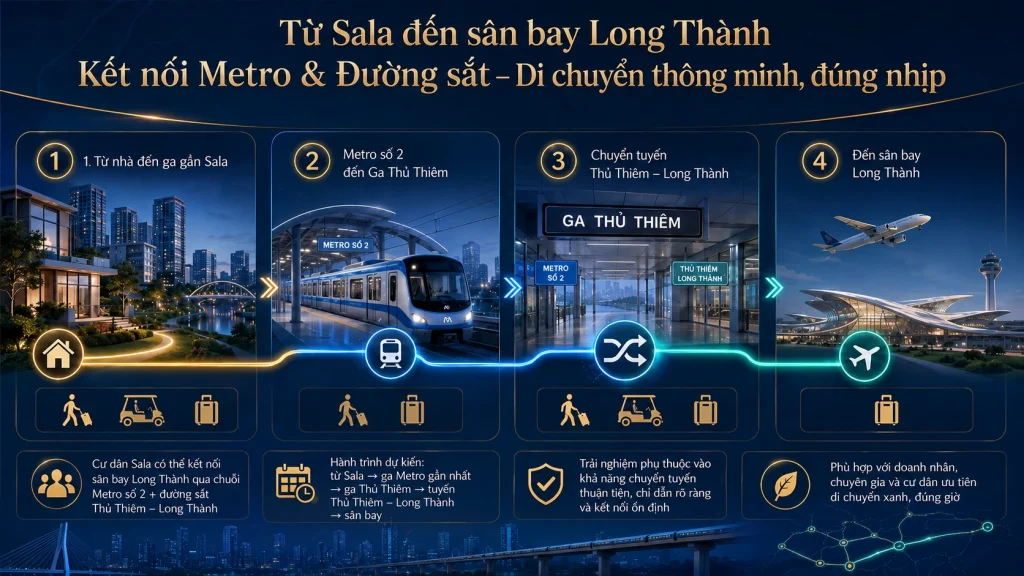 Sơ đồ kết nối từ Sala đến sân bay Long Thành qua Metro số 2 và ga Thủ Thiêm