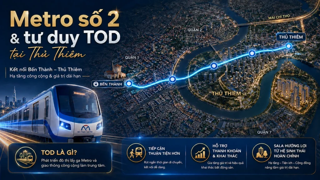 Minh họa tuyến xe bus và metro kết nối vị trí của biệt thự Saroma Sala Thủ Thiêm với trung tâm TP.HCM