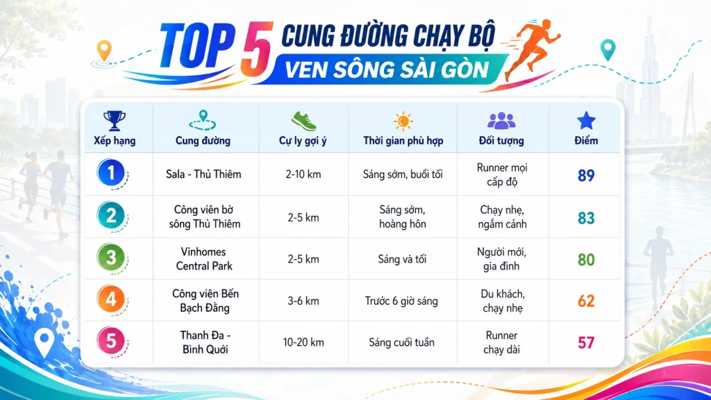 Bảng xếp hạng 5 cung đường chạy bộ ven sông Sài Gòn