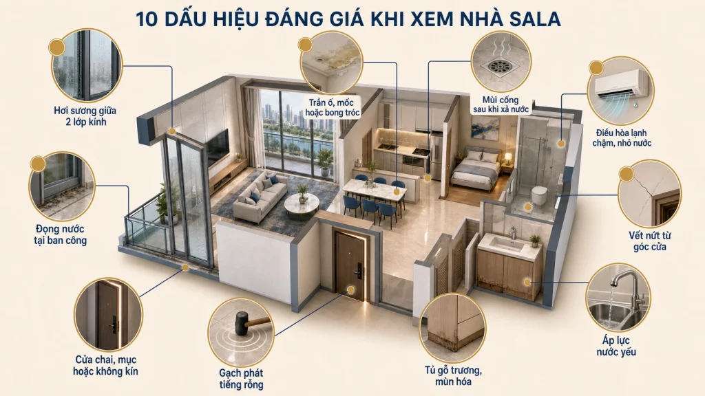 Minh họa các dấu hiệu cần kiểm tra trong căn hộ như thấm nước, kính hộp, điều hòa, áp lực nước và sàn gỗ