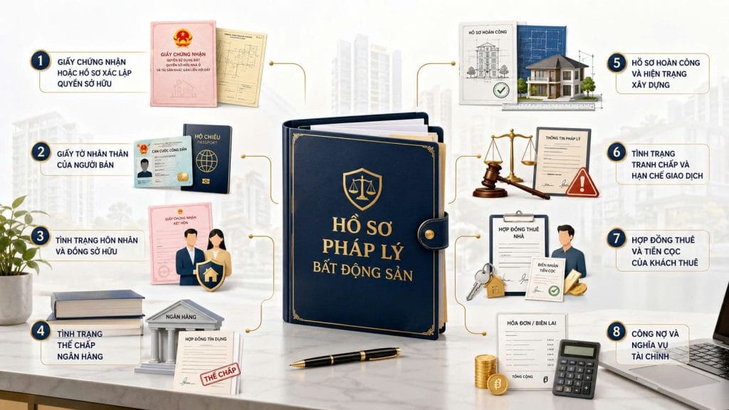 Minh họa các hồ sơ pháp lý bất động sản Sala cần kiểm tra trước khi đặt cọc