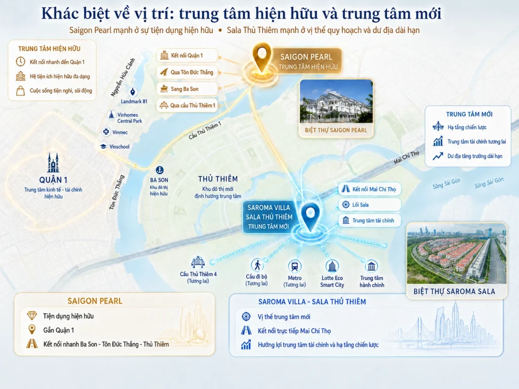 So sánh vị trí biệt thự Saigon Pearl và Saroma Villa Sala Thủ Thiêm giữa trung tâm hiện hữu và trung tâm mới