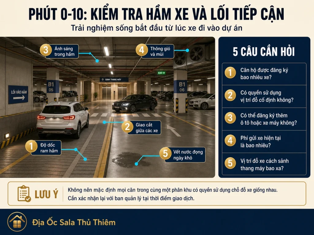 Hướng dẫn kiểm tra độ dốc ram hầm, giao cắt xe, ánh sáng, thông gió và vị trí đỗ xe khi xem căn hộ Sala