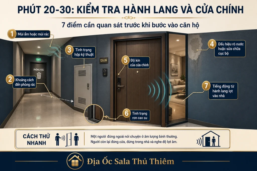 Các dấu hiệu cần quan sát ở hành lang, hộp kỹ thuật, ron cao su và độ kín cửa chính căn hộ Sala