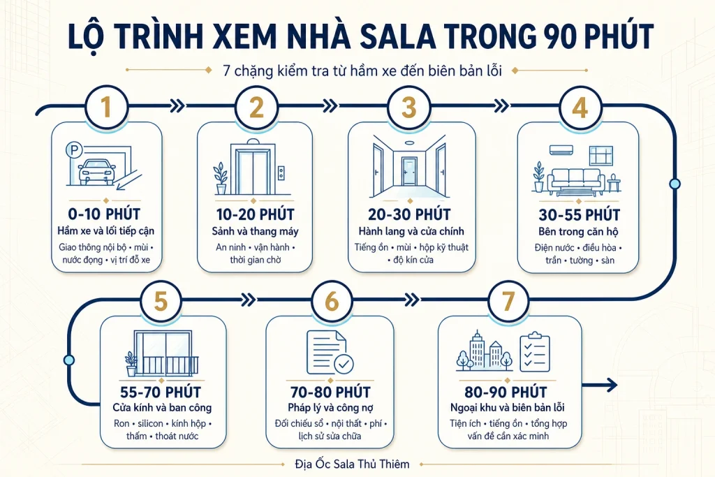 Infographic lộ trình 90 phút kinh nghiệm xem nhà Sala. 