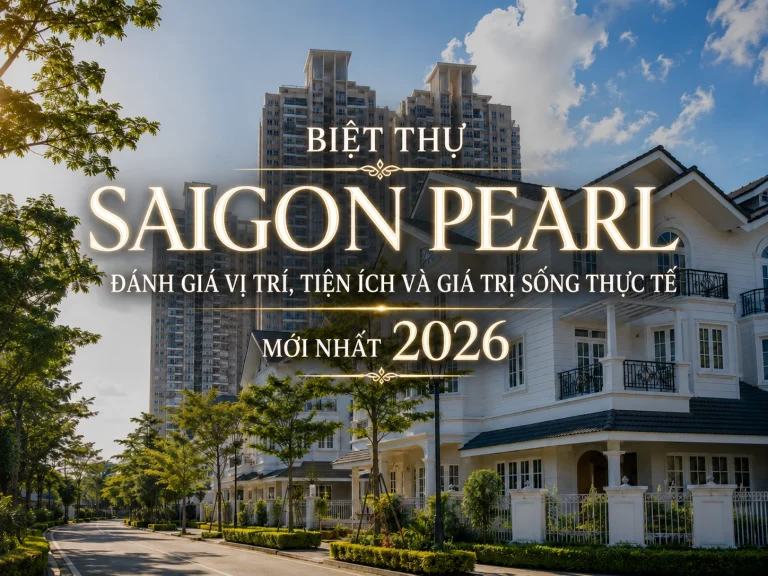 Thumbnail biệt thự Saigon Pearl với tiêu đề đánh giá vị trí, tiện ích và giá trị sống thực tế mới nhất 2026