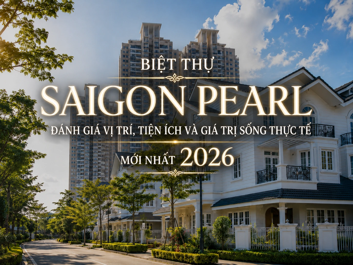 Thumbnail biệt thự Saigon Pearl với tiêu đề đánh giá vị trí, tiện ích và giá trị sống thực tế mới nhất 2026