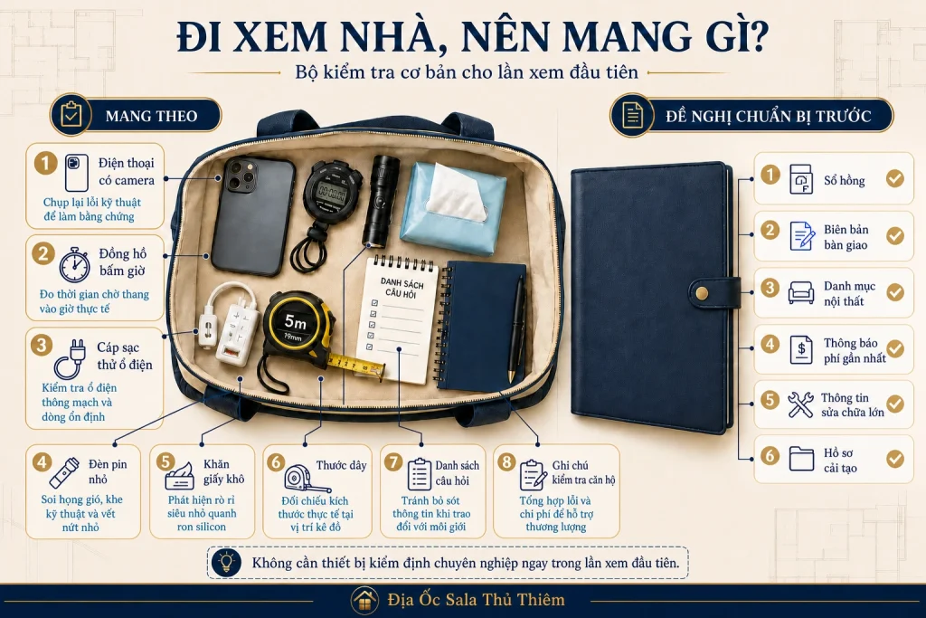 Bộ công cụ cơ bản khi xem nhà Sala gồm điện thoại, cáp sạc, đèn pin, khăn giấy, thước dây và danh sách câu hỏi