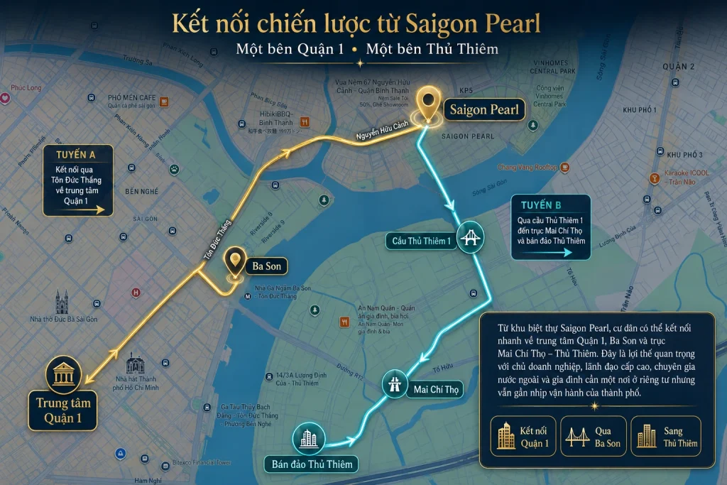 Saigon Pearl: Đánh giá vị trí, tiện ích và giá trị sống thực tế mới nhất 2026 1 Bản đồ kết nối từ Saigon Pearl đến Quận 1, Ba Son, cầu Thủ Thiêm 1 và trục Mai Chí Thọ
