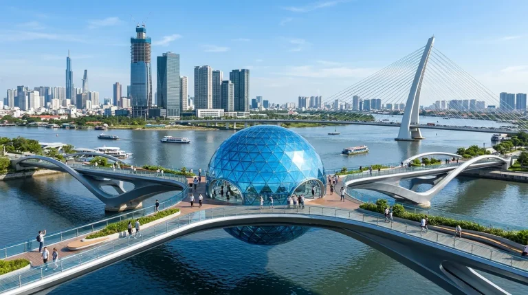 Phối cảnh thiết kế cầu đi bộ Thủ Thiêm với quả cầu kính ngắm cảnh biểu tượng
