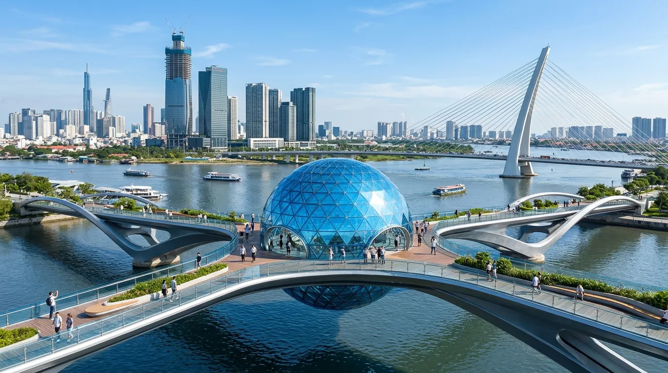 Phối cảnh thiết kế cầu đi bộ Thủ Thiêm với quả cầu kính ngắm cảnh biểu tượng