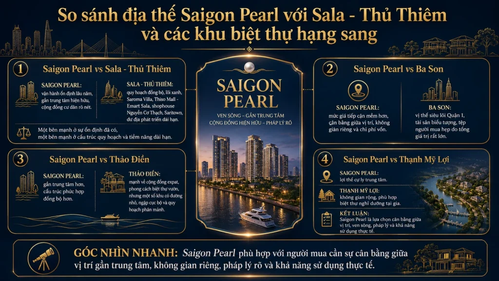 So sánh địa thế Saigon Pearl với Sala - Thủ Thiêm, Ba Son, Thảo Điền và Thạnh Mỹ Lợi