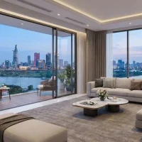 Hình ảnh phòng khách sang trọng tại căn hộ Sarene Residence với tầm nhìn panorama toàn cảnh sông Sài Gòn và trung tâm Quận 1 về đêm.